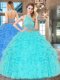 Pretty Floor Length Aqua Blue Quinceanera Gowns Halter Top Sleeveless Backless