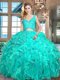 Exceptional Sleeveless Organza Floor Length Zipper 15th Birthday Dress in Turquoise with Lace and Ruffles