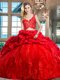 Most Popular Red Sleeveless Brush Train Lace and Ruffles and Pick Ups Quince Ball Gowns