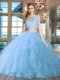 Brush Train Two Pieces Quinceanera Gown Light Blue Scoop Organza Cap Sleeves With Train Zipper