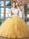 Attractive Scoop Gold Ball Gown Prom Dress Organza Brush Train Long Sleeves Beading and Lace and Ruffles