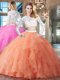 Dramatic Orange Organza Zipper Scoop Long Sleeves Quince Ball Gowns Brush Train Beading and Lace and Ruffles