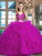 Stunning Lace and Ruffles Quince Ball Gowns Fuchsia Zipper Sleeveless Brush Train