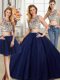 Romantic Three Piece With Train Navy Blue Sweet 16 Quinceanera Dress Scoop Cap Sleeves Brush Train Backless