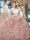 Fantastic Scoop Pink Vestidos de Quinceanera Organza Brush Train Long Sleeves Beading and Lace and Ruffles