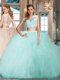 Exquisite Aqua Blue Sweet 16 Dress Military Ball and Sweet 16 and Quinceanera and For with Appliques and Ruffles Bateau Cap Sleeves Zipper
