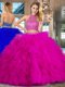 Pretty Fuchsia Two Pieces Halter Top Sleeveless Tulle Brush Train Backless Beading and Ruffles Quinceanera Dresses