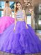 Romantic Scoop Lavender Two Pieces Beading and Ruffles Quince Ball Gowns Backless Organza Sleeveless With Train