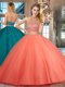 Suitable Backless Halter Top Sleeveless Quinceanera Gowns Floor Length Beading Orange Red Tulle