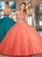 Suitable Backless Halter Top Sleeveless Quinceanera Gowns Floor Length Beading Orange Red Tulle