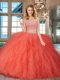 Orange Red Backless Scoop Beading and Ruffles Quince Ball Gowns Tulle Sleeveless
