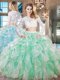 Wonderful Scoop Long Sleeves Vestidos de Quinceanera Floor Length Beading and Lace and Ruffles Apple Green Organza