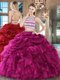 New Style Fuchsia Organza Backless Scoop Sleeveless Floor Length 15 Quinceanera Dress Beading and Ruffles and Pick Ups