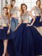 Fantastic Four Piece Navy Blue Tulle Backless Scoop Cap Sleeves With Train Sweet 16 Quinceanera Dress Brush Train Beading