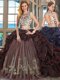 Fitting Scoop Cap Sleeves Organza and Tulle With Brush Train Backless Sweet 16 Dress in Burgundy with Beading and Embroidery and Pick Ups