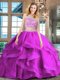 Fuchsia Backless Scoop Beading and Ruffles 15th Birthday Dress Tulle Sleeveless Brush Train