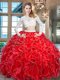 Scoop Red Long Sleeves Floor Length Beading and Lace and Ruffles Zipper 15 Quinceanera Dress
