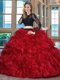 Backless Scoop Long Sleeves Quince Ball Gowns Floor Length Ruffles Black and Red Organza