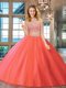 Nice Watermelon Red Two Pieces Scoop Sleeveless Tulle Floor Length Backless Beading 15th Birthday Dress