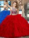 Criss Cross Scoop Sleeveless Sweet 16 Dresses With Brush Train Beading and Ruffles Red Tulle
