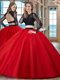 Extravagant Scoop Floor Length Two Pieces Long Sleeves Red 15th Birthday Dress Backless