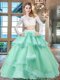 Modest Apple Green Tulle and Lace Zipper Scoop Long Sleeves Floor Length Ball Gown Prom Dress Beading and Lace and Ruffled Layers