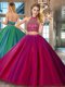 Adorable Halter Top Backless 15 Quinceanera Dress Fuchsia for Military Ball and Sweet 16 and Quinceanera with Beading Brush Train