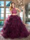 Fashionable Halter Top Sleeveless Tulle Brush Train Backless Quince Ball Gowns in Dark Purple with Beading and Ruffles