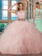 Scoop Floor Length Backless Quinceanera Dress Pink for Military Ball and Sweet 16 and Quinceanera with Beading and Ruffles