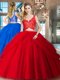 Best Selling Tulle V-neck Sleeveless Zipper Lace and Ruffled Layers 15th Birthday Dress in Red