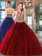 Ideal Wine Red Halter Top Neckline Beading Sweet 16 Dresses Sleeveless Backless
