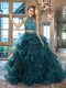 Unique Halter Top Teal Tulle Backless Vestidos de Quinceanera Sleeveless Brush Train Beading and Ruffles
