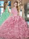 Organza Bateau Sleeveless Brush Train Lace Up Lace and Ruffles Vestidos de Quinceanera in Pink