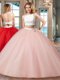 Pink Two Pieces Tulle Straps Sleeveless Beading Floor Length Backless Quince Ball Gowns