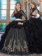 Dramatic Black Quinceanera Gowns Military Ball and Sweet 16 and Quinceanera and For with Embroidery and Pick Ups Scoop Long Sleeves Brush Train Backless