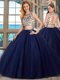 Dazzling Scoop Navy Blue Two Pieces Beading Quinceanera Dress Backless Tulle Cap Sleeves With Train