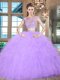 Scoop Cap Sleeves Floor Length Beading and Appliques and Ruffles Zipper Sweet 16 Dress with Lavender