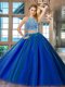 Backless Scoop Sleeveless 15 Quinceanera Dress Floor Length Beading Royal Blue Tulle