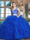 Royal Blue Zipper Quinceanera Gowns Lace and Ruffles Sleeveless Brush Train