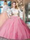 Scoop Long Sleeves Zipper Quinceanera Dress Rose Pink Tulle
