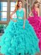 Organza Scoop Sleeveless Lace Up Appliques and Ruffles Quinceanera Gown in Aqua Blue
