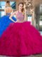Flare Halter Top Fuchsia Tulle Backless Quinceanera Gown Sleeveless With Brush Train Beading and Ruffles