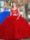 Artistic Red Sleeveless Brush Train Lace and Ruffles 15th Birthday Dress