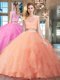 With Train Peach 15 Quinceanera Dress Scoop Cap Sleeves Brush Train Zipper With Train Peach 15 Quinceanera Dress Scoop Cap Sleeves Brush Train Zipper