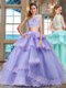 Custom Design Bateau Cap Sleeves Tulle Vestidos de Quinceanera Lace and Appliques and Ruffled Layers Zipper