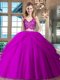 Fuchsia Two Pieces Tulle V-neck Sleeveless Lace and Ruffled Layers Floor Length Zipper 15th Birthday Dress