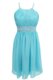 Chic Halter Top Sleeveless Knee Length Beading Criss Cross Prom Evening Gown with Aqua Blue