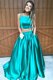 Green A-line Spaghetti Straps Sleeveless Satin Sweep Train Zipper Ruching