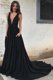 Customized Black A-line V-neck Sleeveless Chiffon With Train Court Train Backless Ruching Evening Dress