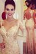 Mermaid Long Sleeves Floor Length Lace and Appliques and Sequins Backless Evening Dress with Gold